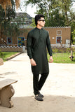 Bottle Green Solid Cotton Kurta Trouser Set (2-Piece) - Image 2