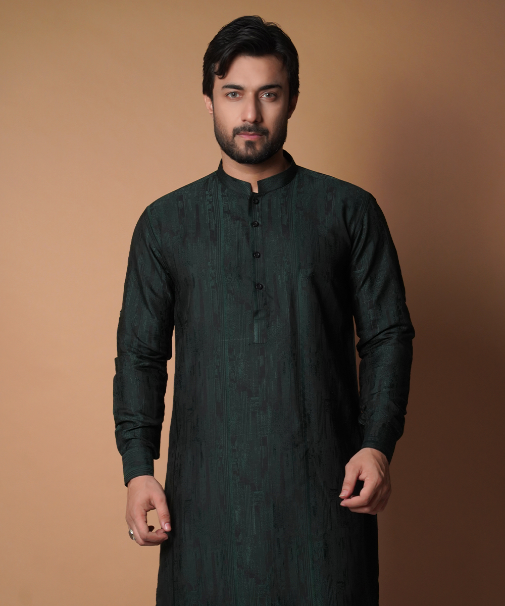 Dark Green Cotton Jacquard Kurta Pajama (2-Piece) - Image 1