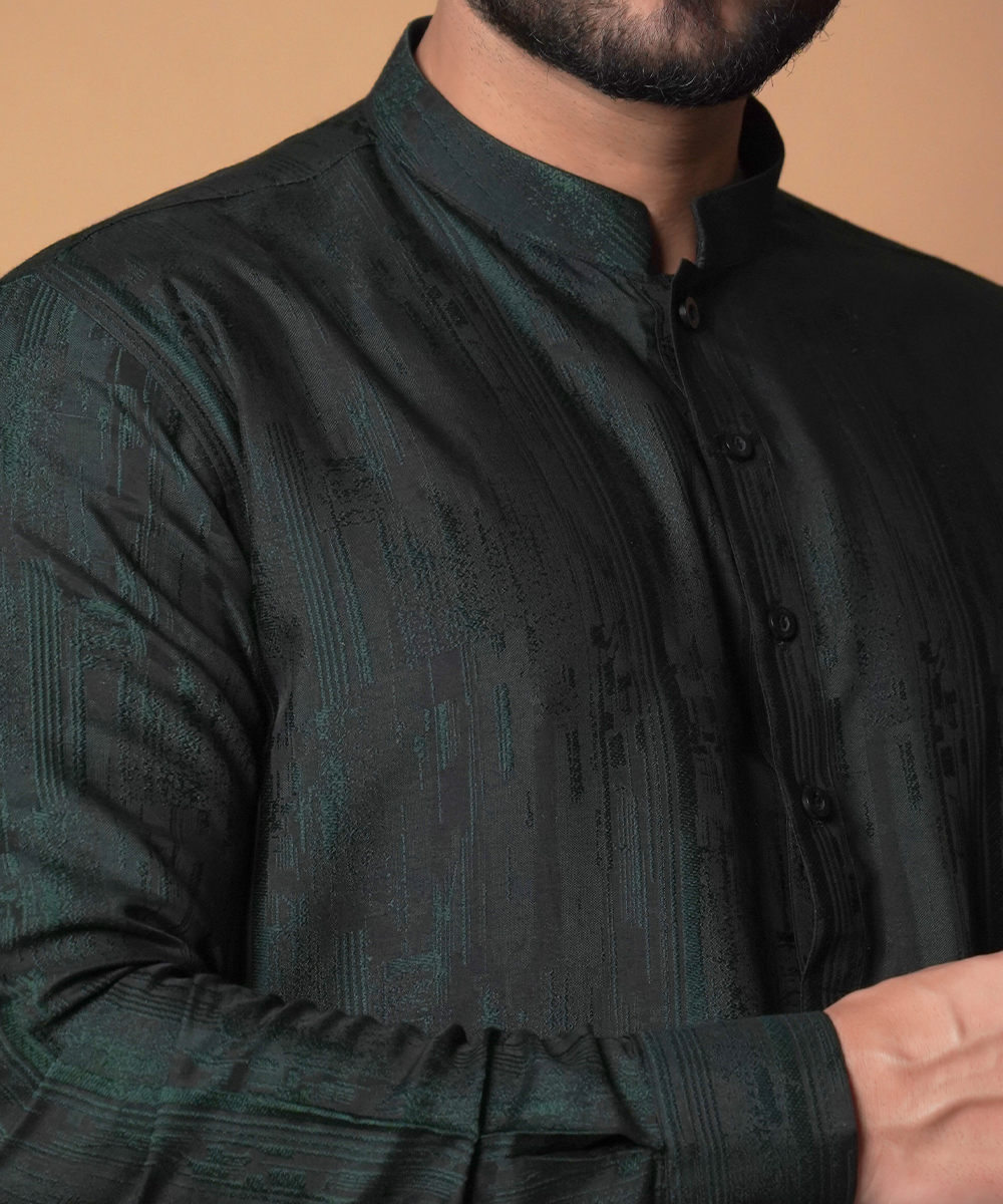 Dark Green Cotton Jacquard Kurta Pajama (2-Piece) - Image 2