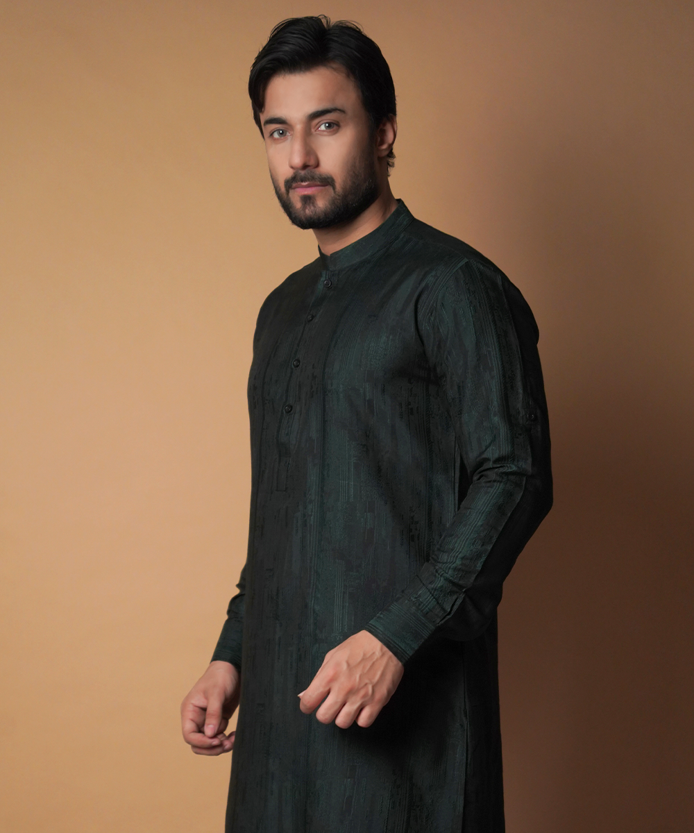 Dark Green Cotton Jacquard Kurta Pajama (2-Piece) - Image 3