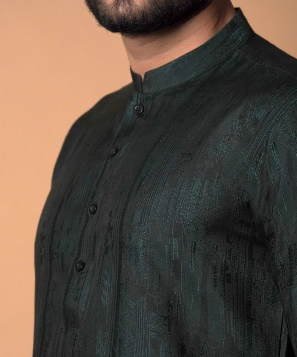 Dark Green Cotton Jacquard Kurta Pajama (2-Piece) - Image 4