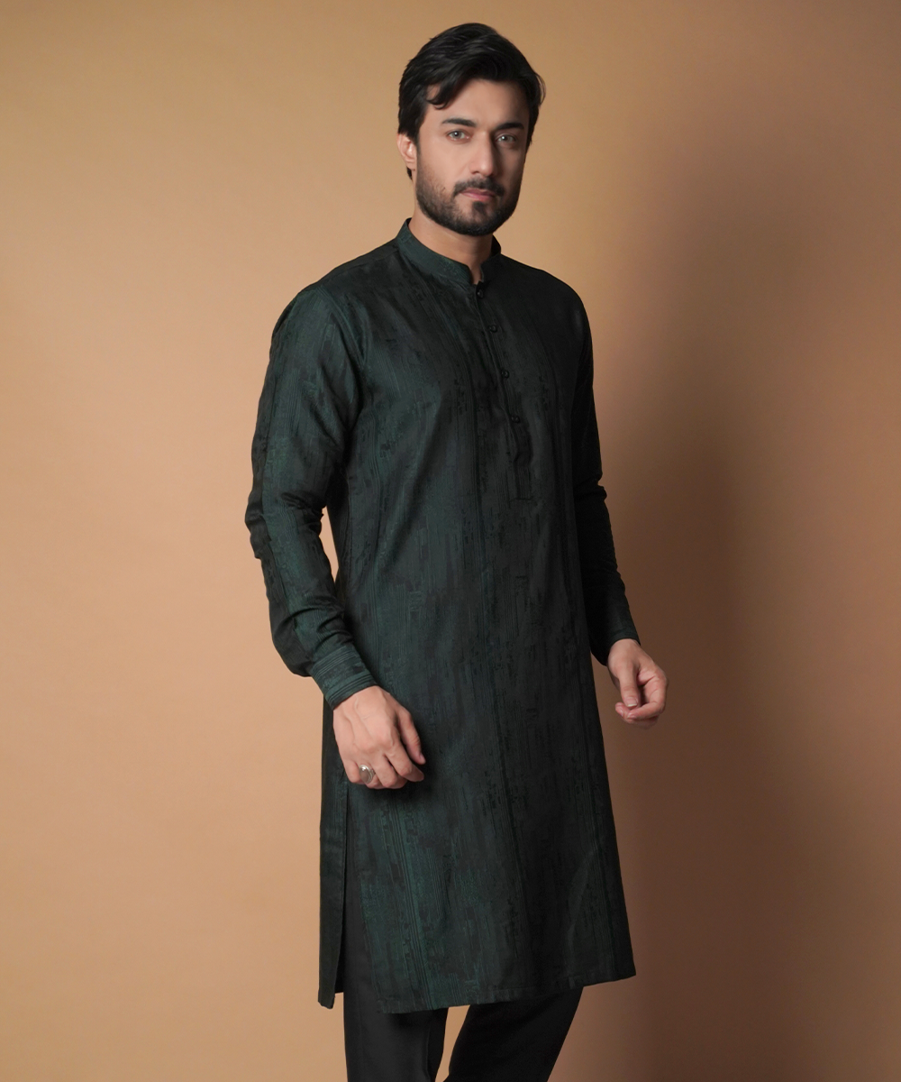 Dark Green Cotton Jacquard Kurta Pajama (2-Piece) - Image 5