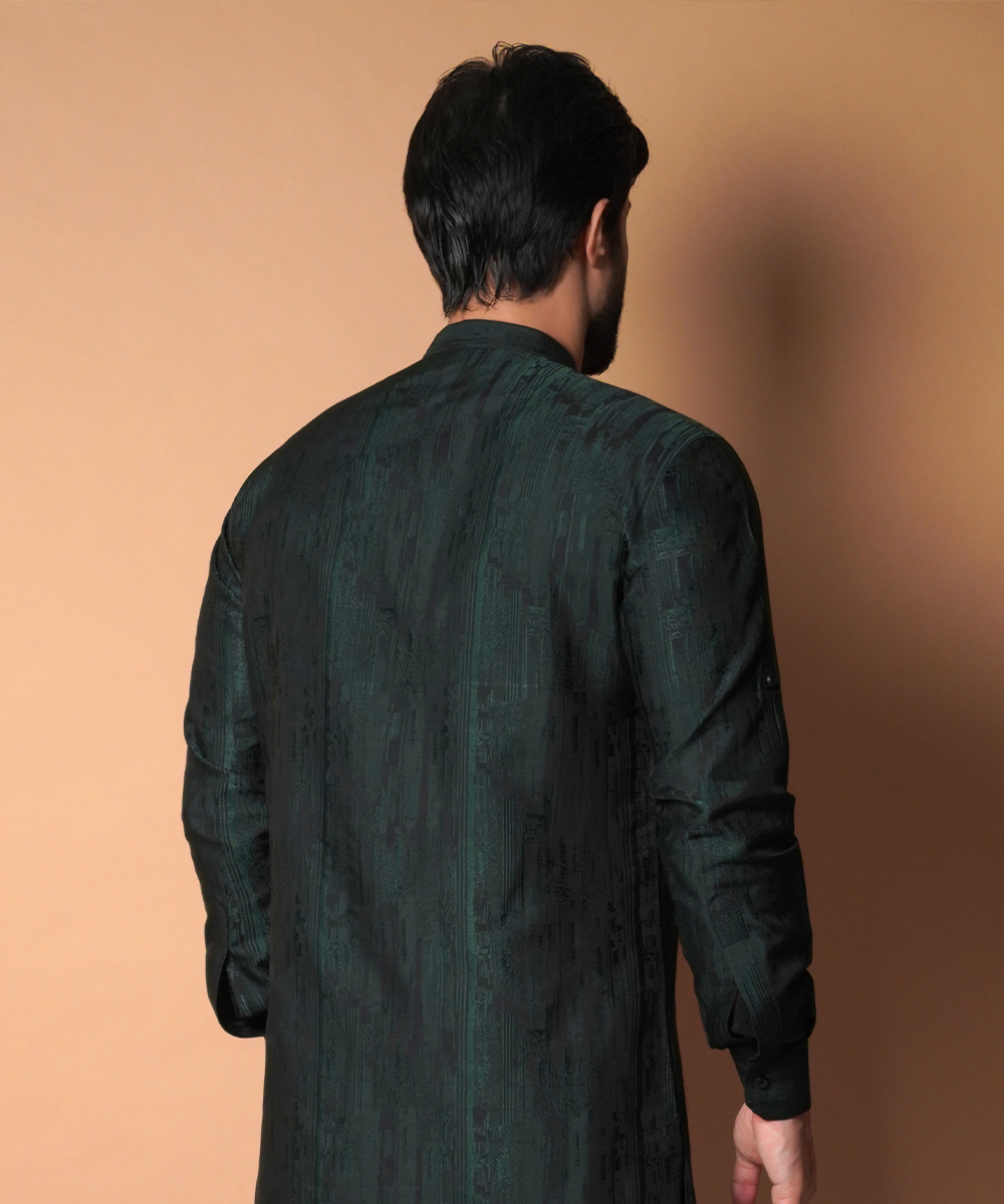 Dark Green Cotton Jacquard Kurta Pajama (2-Piece) - Image 6