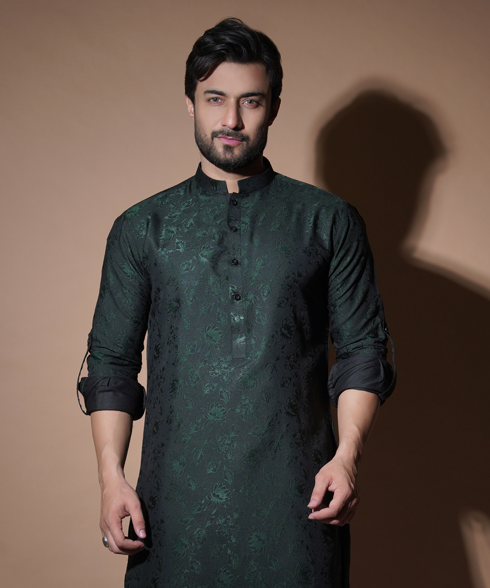 Emerald Green Floral Cotton Jacquard Kurta Set (2-Piece) - Image 1