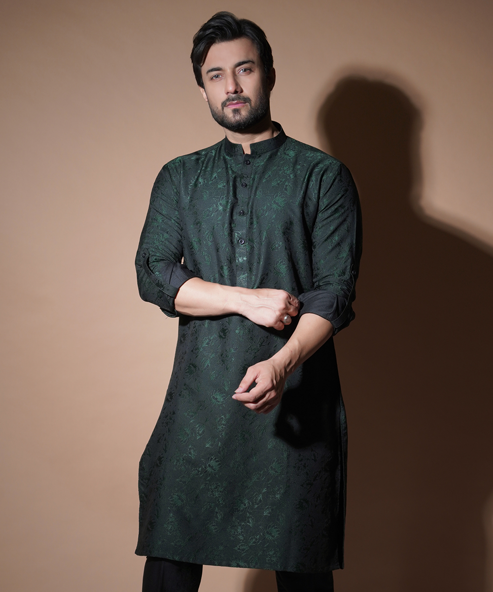 Emerald Green Floral Cotton Jacquard Kurta Set (2-Piece) - Image 2