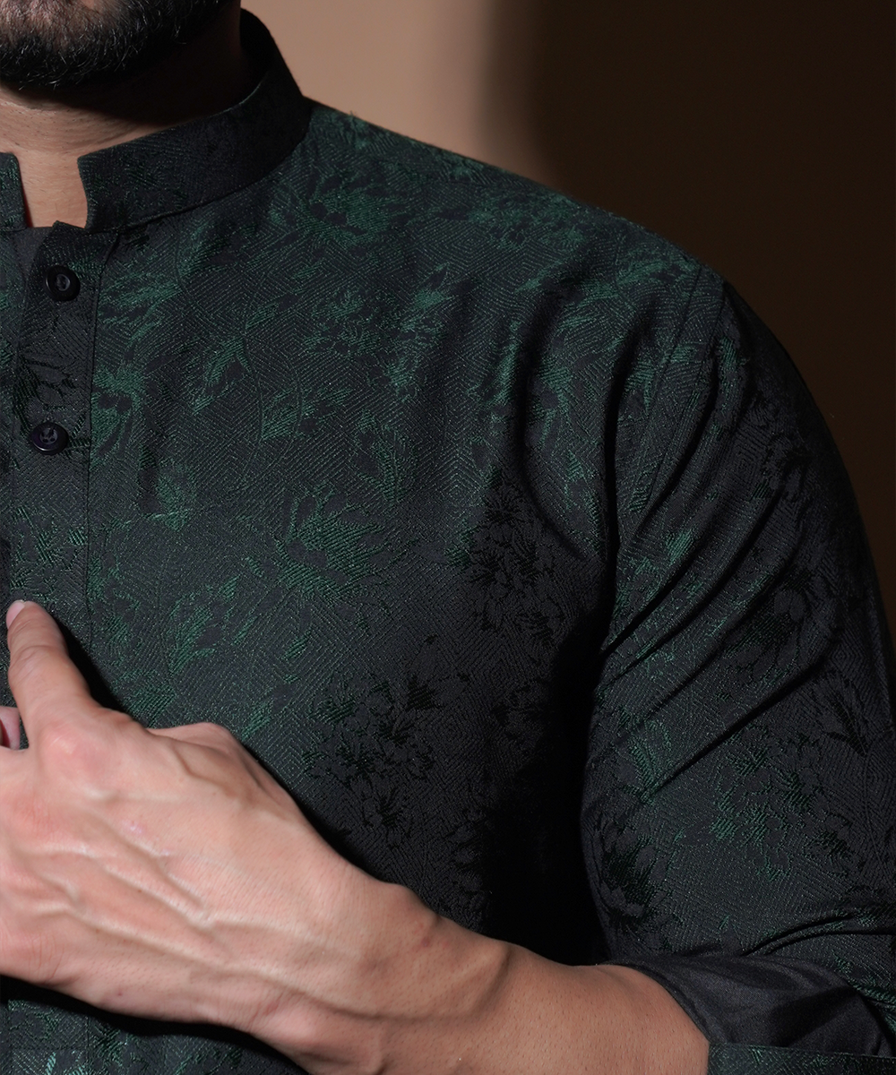 Emerald Green Floral Cotton Jacquard Kurta Set (2-Piece) - Image 3