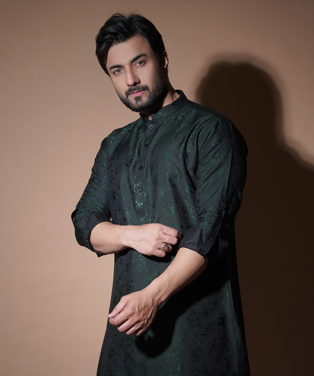 Emerald Green Floral Cotton Jacquard Kurta Set (2-Piece) - Image 4