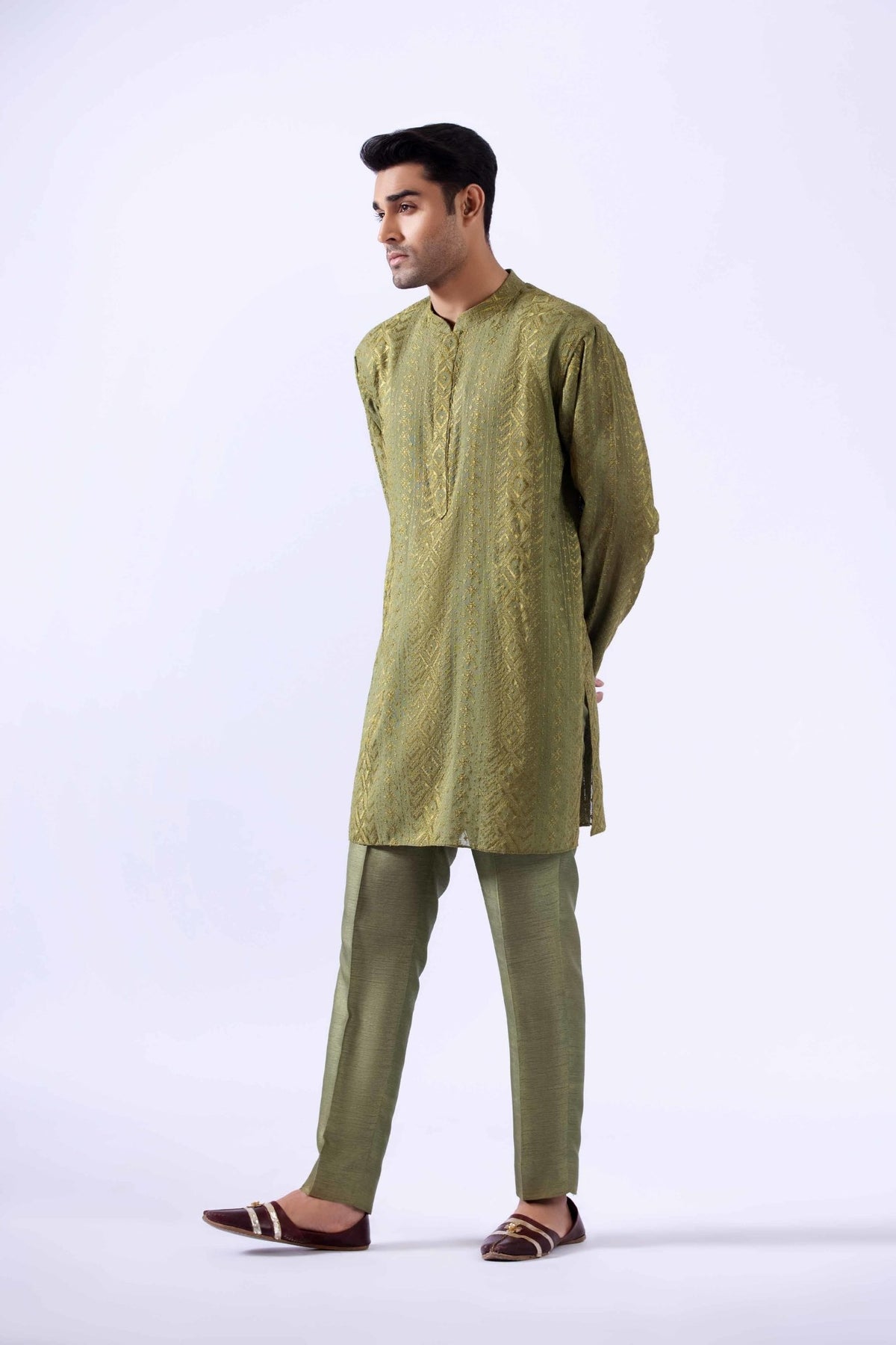 Olive Self-Embroidered Karandi Kurta Pajama (2-Piece) - Image 1