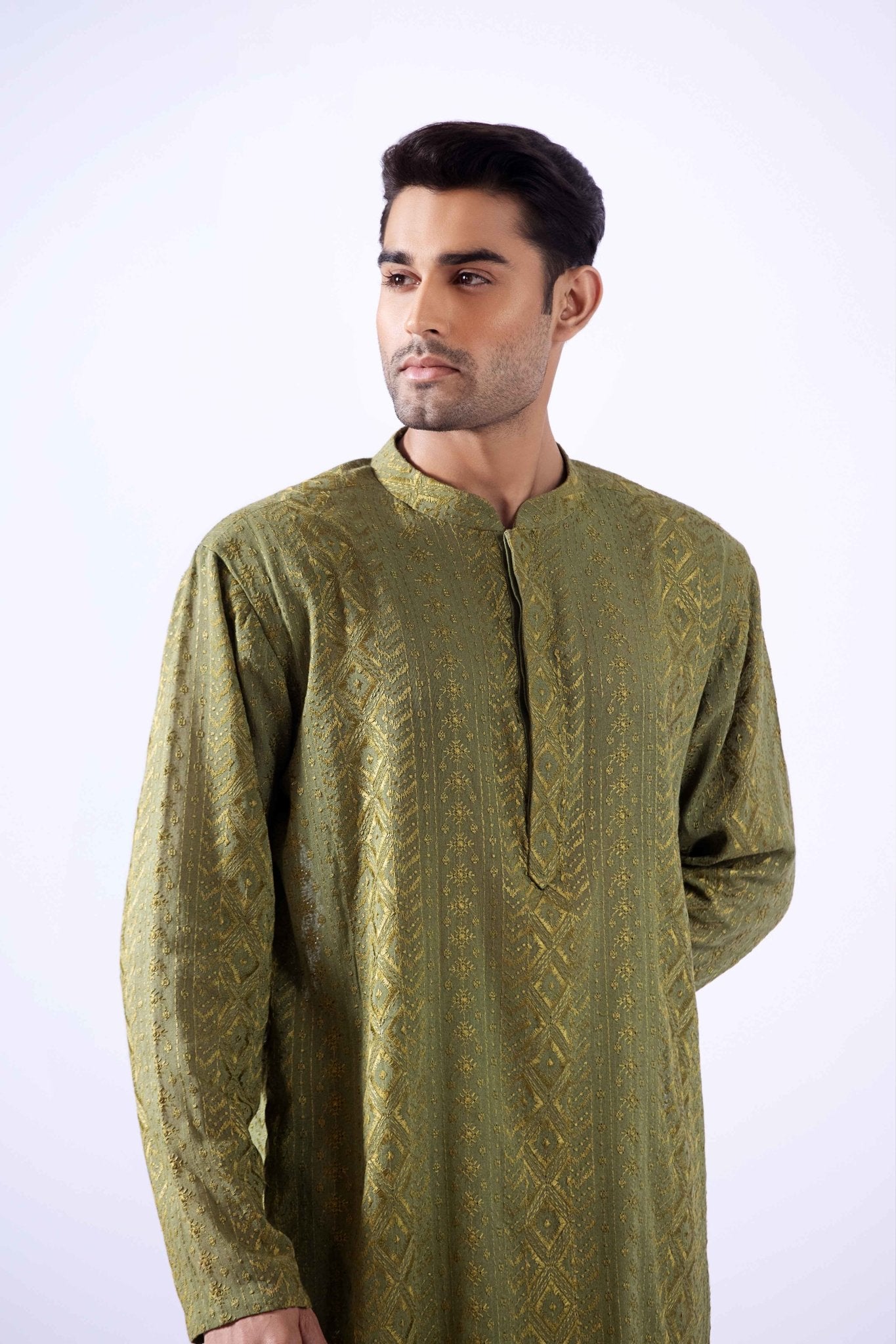 Olive Self-Embroidered Karandi Kurta Pajama (2-Piece) - Image 3