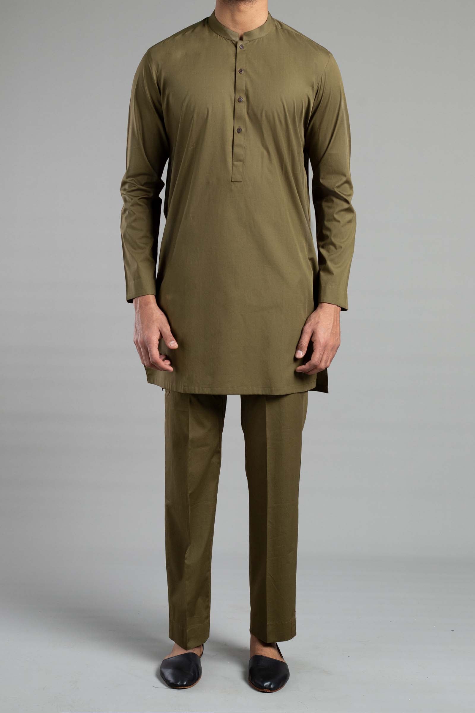Olive Cotton-Linen Kurta Pajama Set (2-Piece) - Image 1