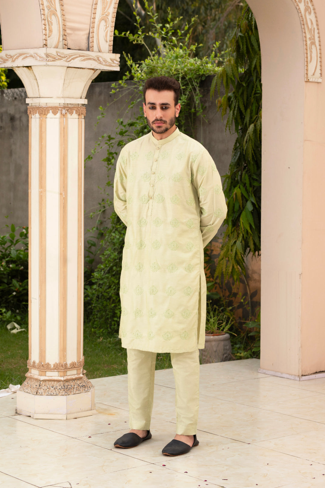 Light Green Embroidered Cotton Row Silk Kurta Pajama (2-Piece) - Image 2