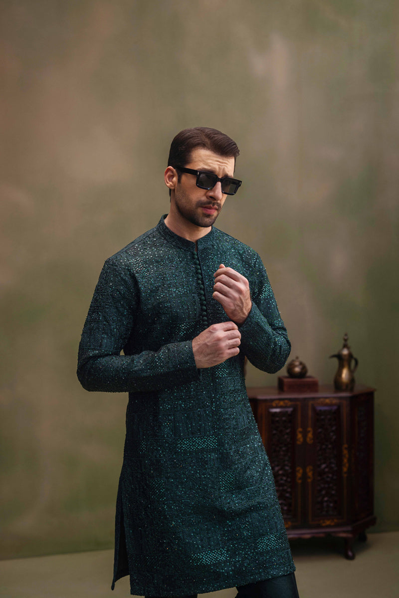 Dark Green Hand-Embroidered Cotton-Silk Kurta Pajama (2-Piece) - Image 2