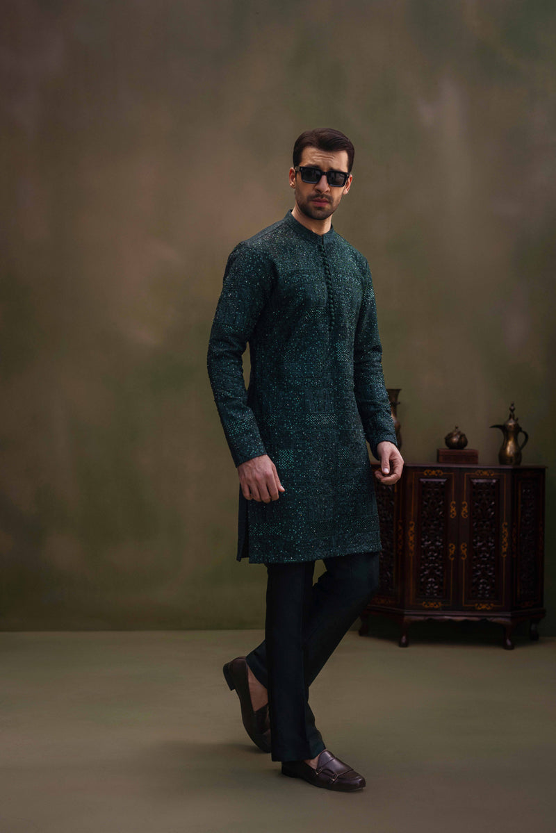 Dark Green Hand-Embroidered Cotton-Silk Kurta Pajama (2-Piece) - Image 4