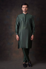 Emerald Green Cotton-Silk Kurta Pajama (2-Piece) - Image 4