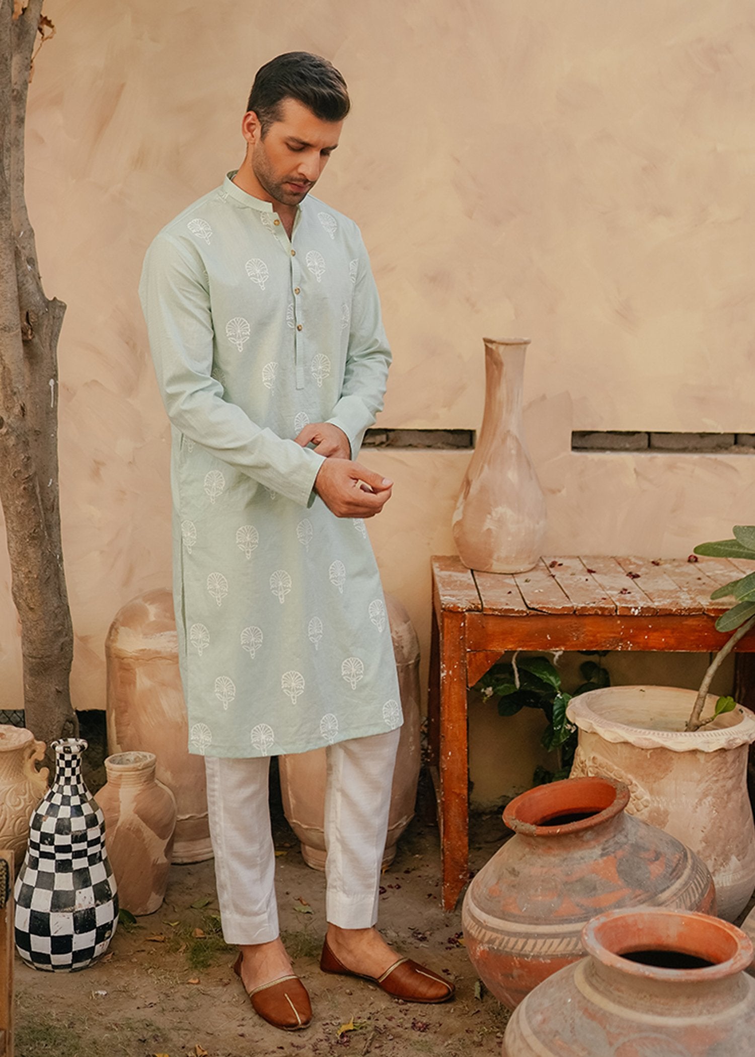 Mint Hand Block-Printed Cotton Kurta (2-Piece) - Image 1