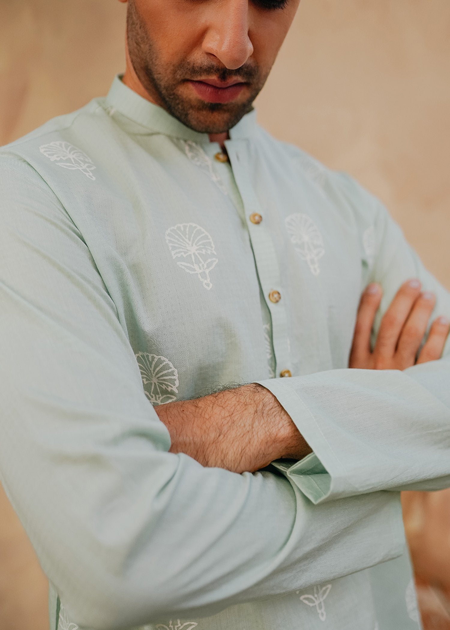 Mint Hand Block-Printed Cotton Kurta (2-Piece) - Image 2