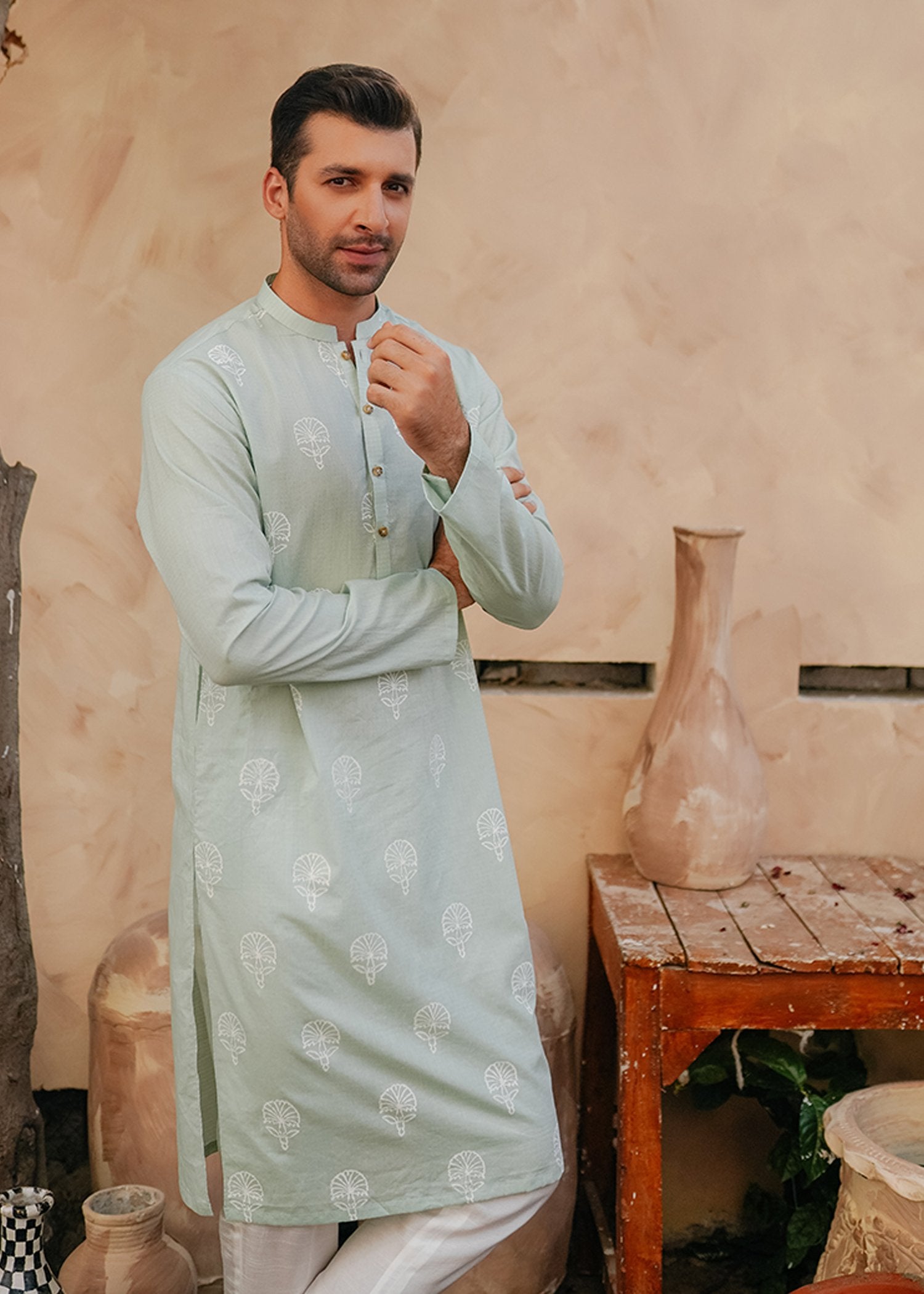 Mint Hand Block-Printed Cotton Kurta (2-Piece) - Image 3