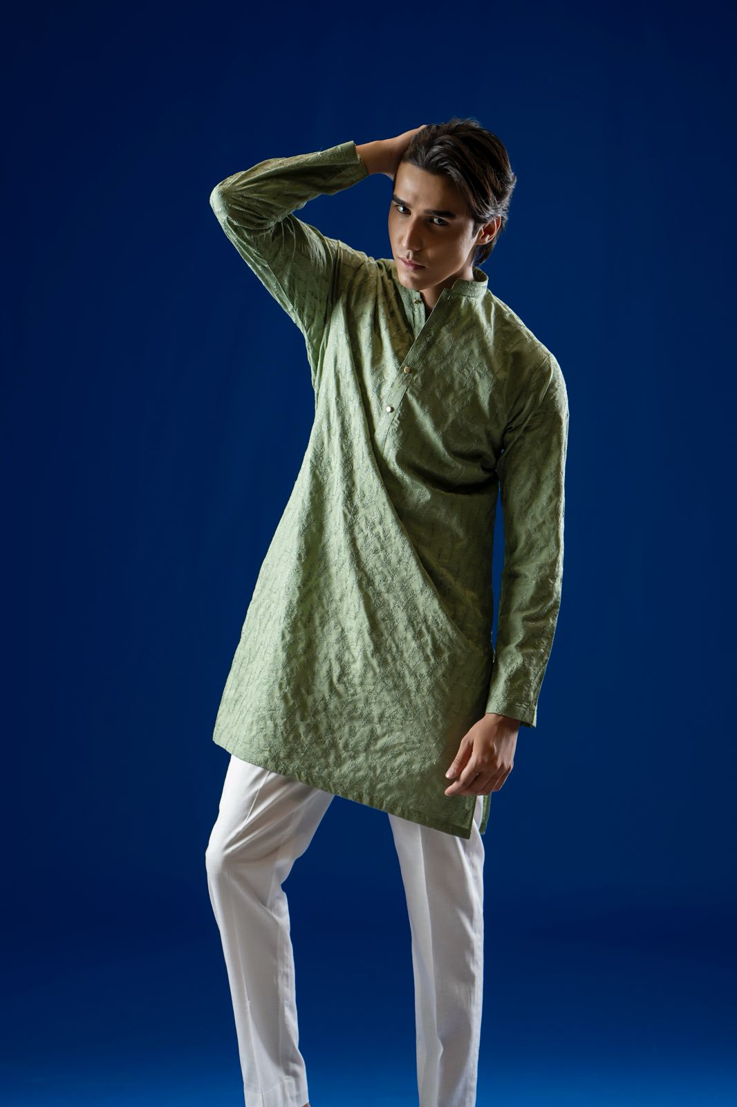 Sage Green Self-Embroidered Cotton Kurta Pajama (2-Piece) - Image 1