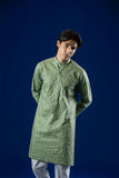 Sage Green Self-Embroidered Cotton Kurta Pajama (2-Piece) - Image 6