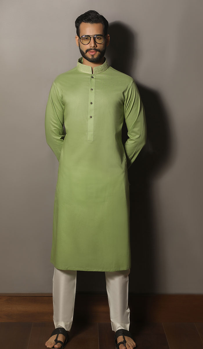 Sheen Green Handworked Cotton Kurta (2-Piece) - Image 1