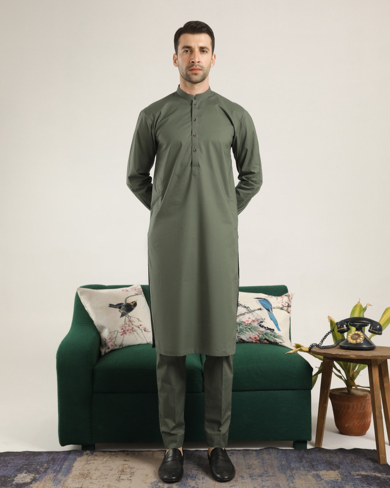 Army Green Cotton Kurta Pajama Set (2-Piece) - Image 3