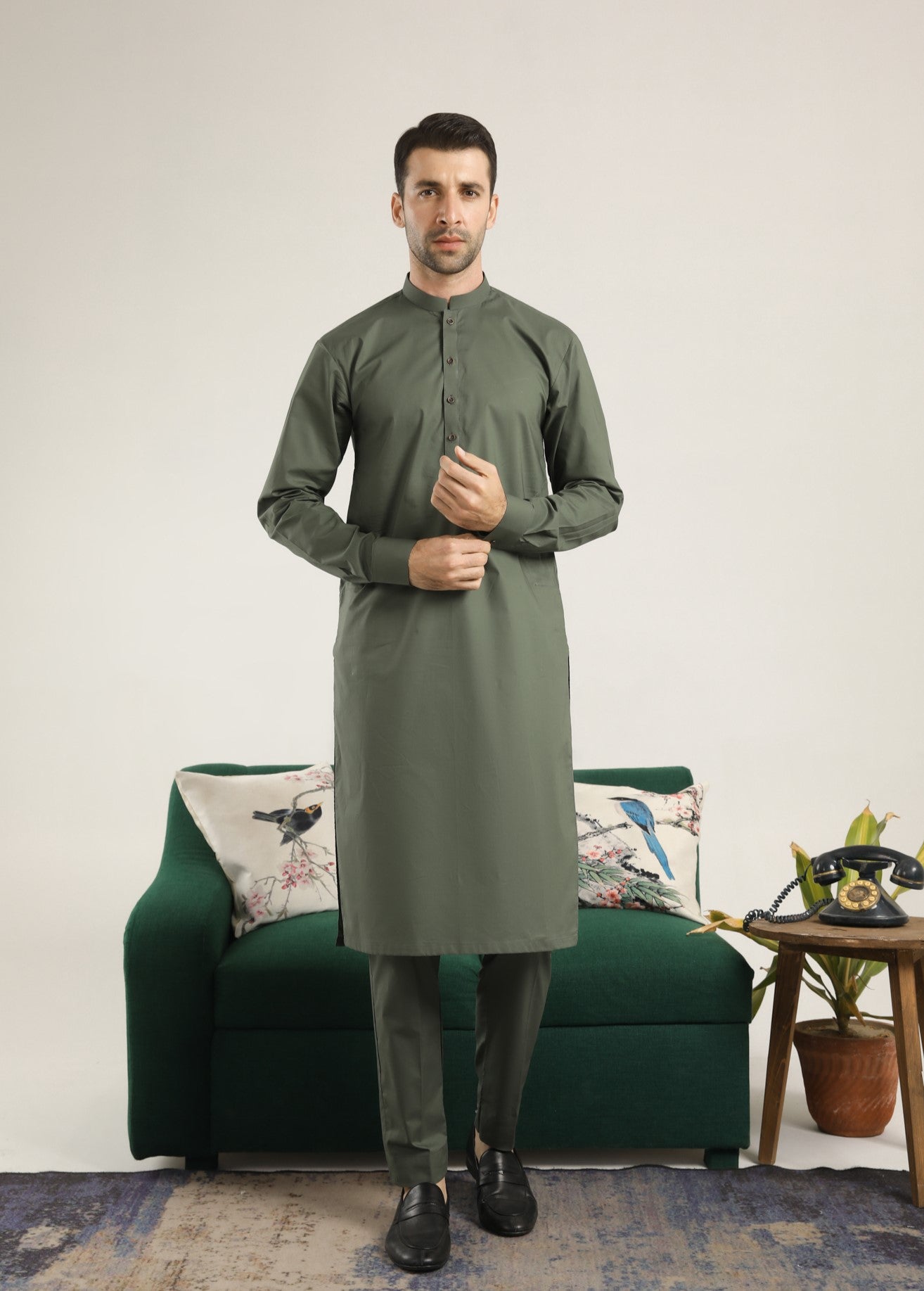 Army Green Cotton Kurta Pajama Set (2-Piece) - Image 4