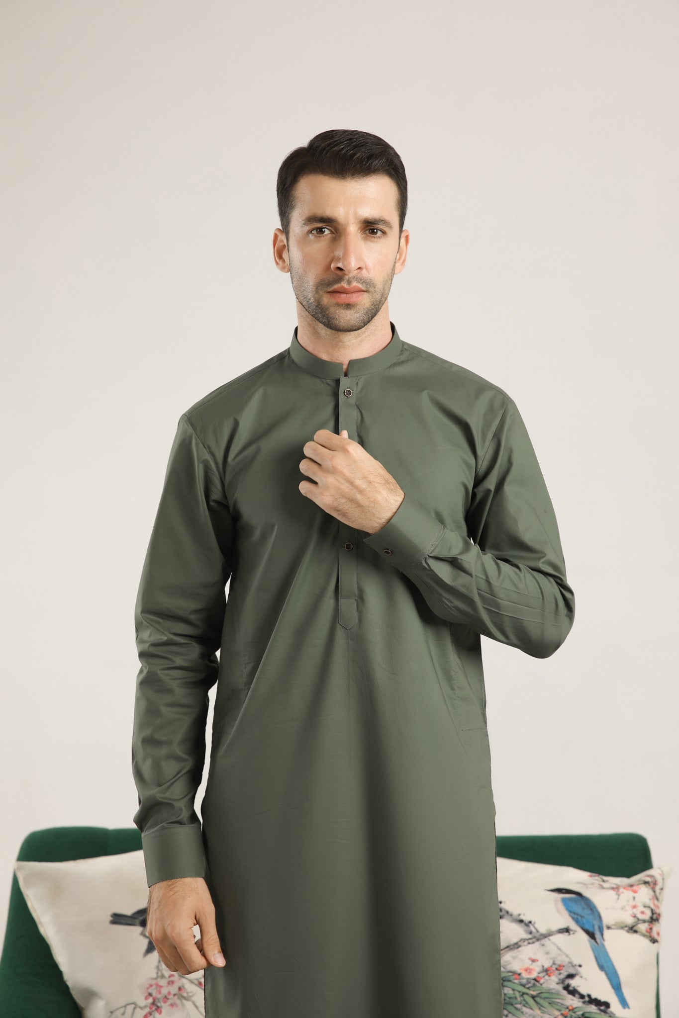 Army Green Cotton Kurta Pajama Set (2-Piece) - Image 5