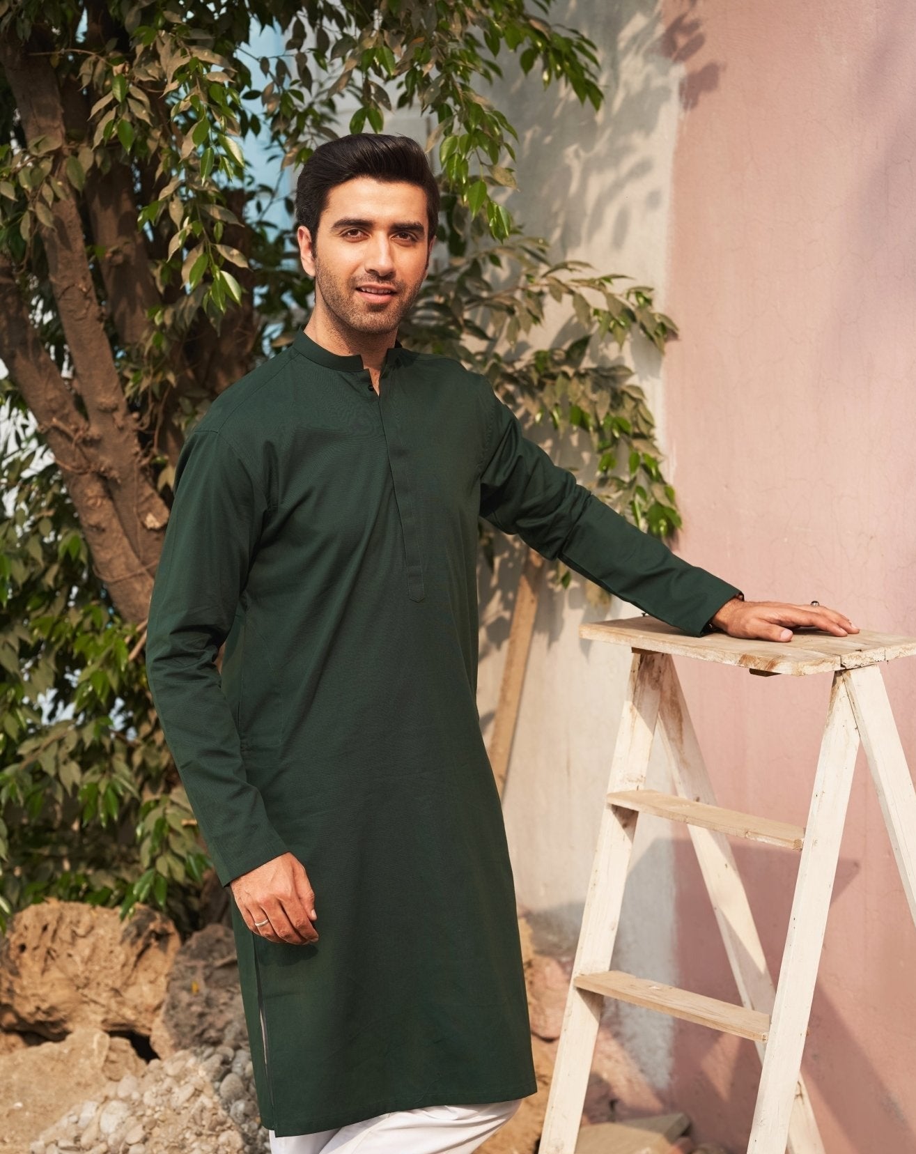 Pine Green Cotton Kurta Trouser Set (2-Piece) - Image 1