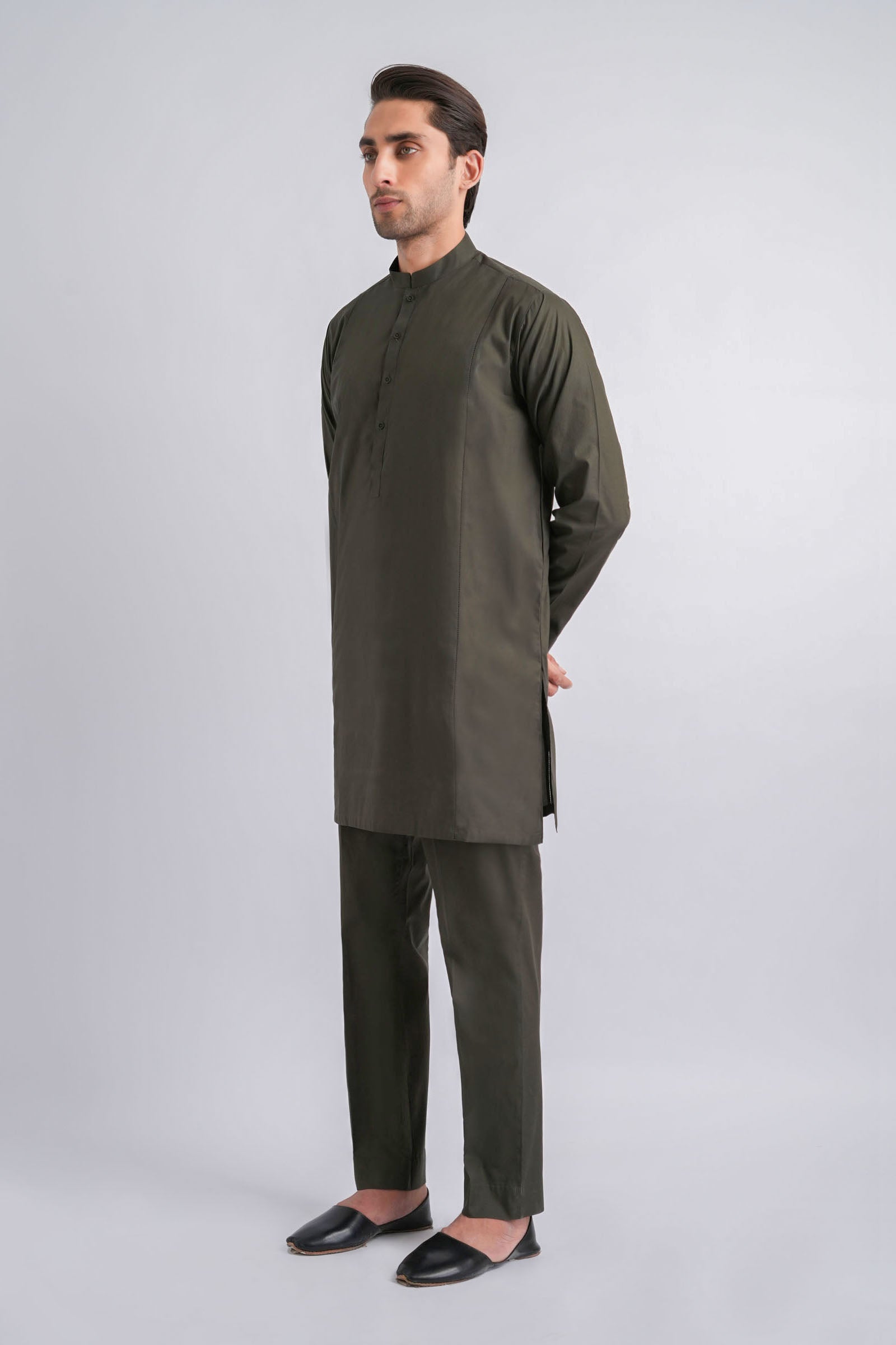 Olive Green Cotton Kurta Trouser Set (2-Piece) - Image 1