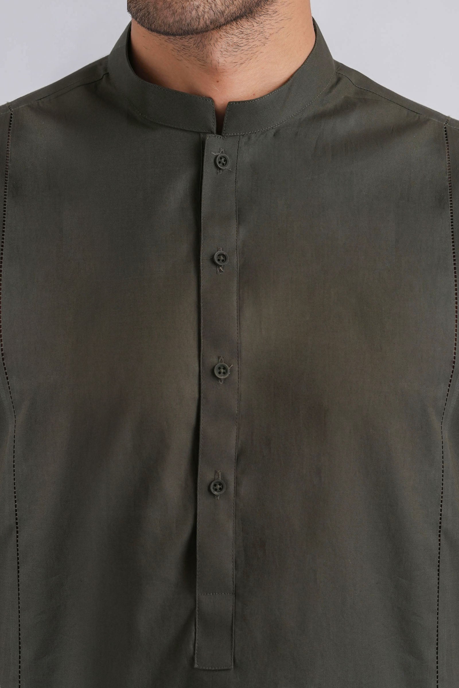 Olive Green Cotton Kurta Trouser Set (2-Piece) - Image 2