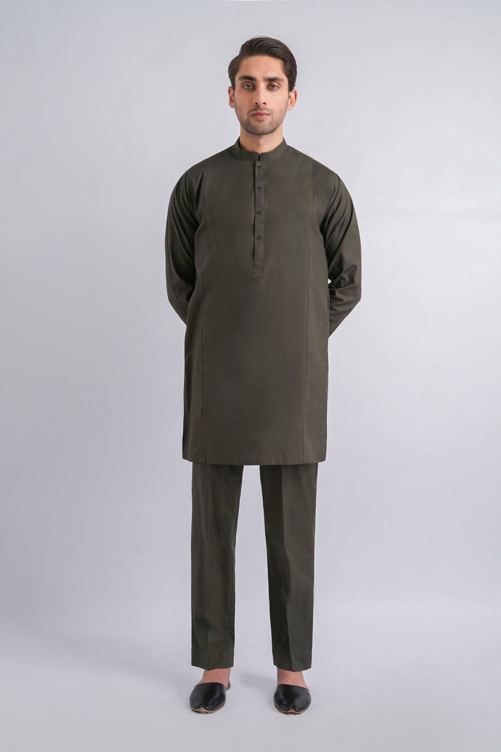 Olive Green Cotton Kurta Trouser Set (2-Piece) - Image 3