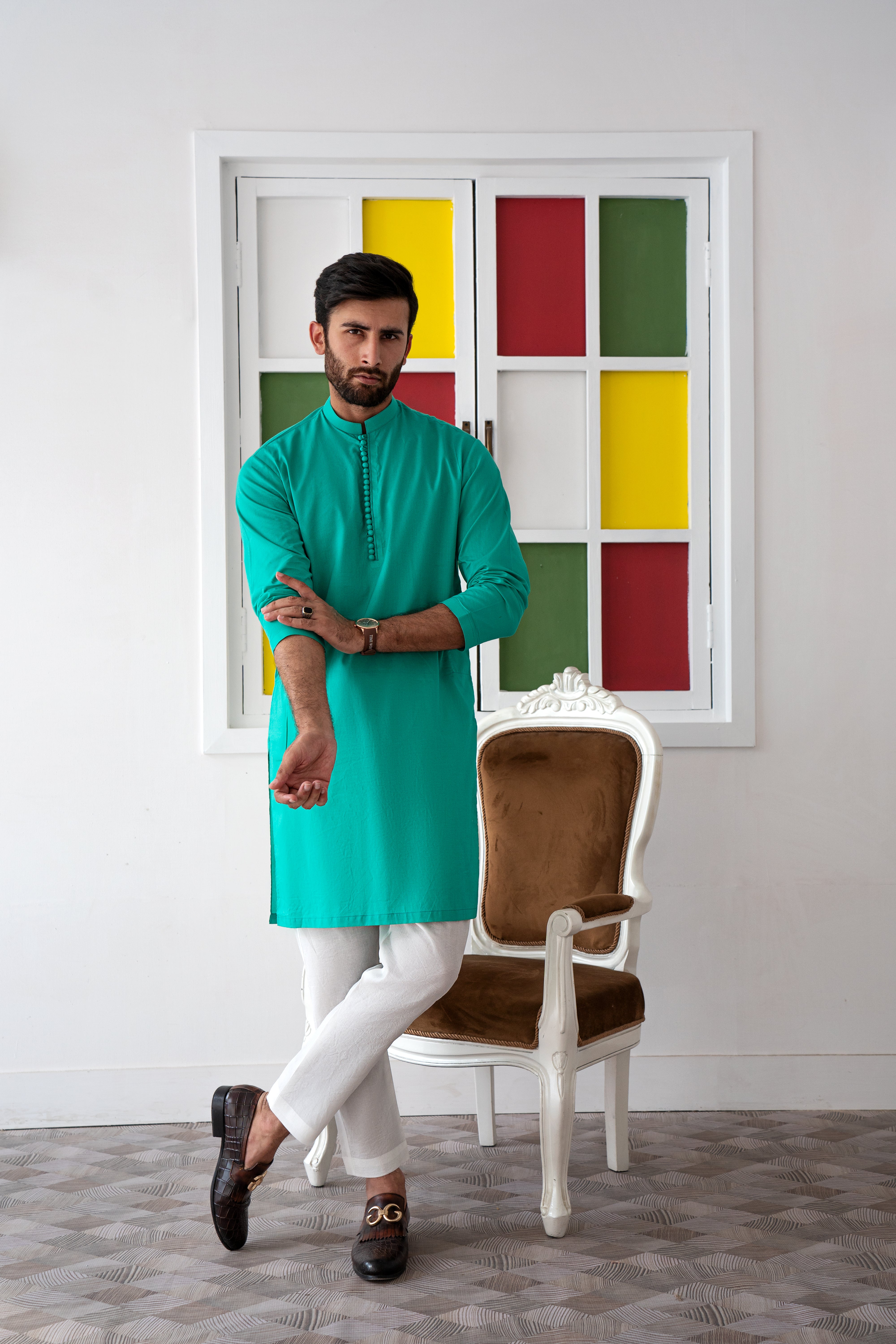 Sea Green Cotton Kurta Pajama Set (2-Piece) - Image 1