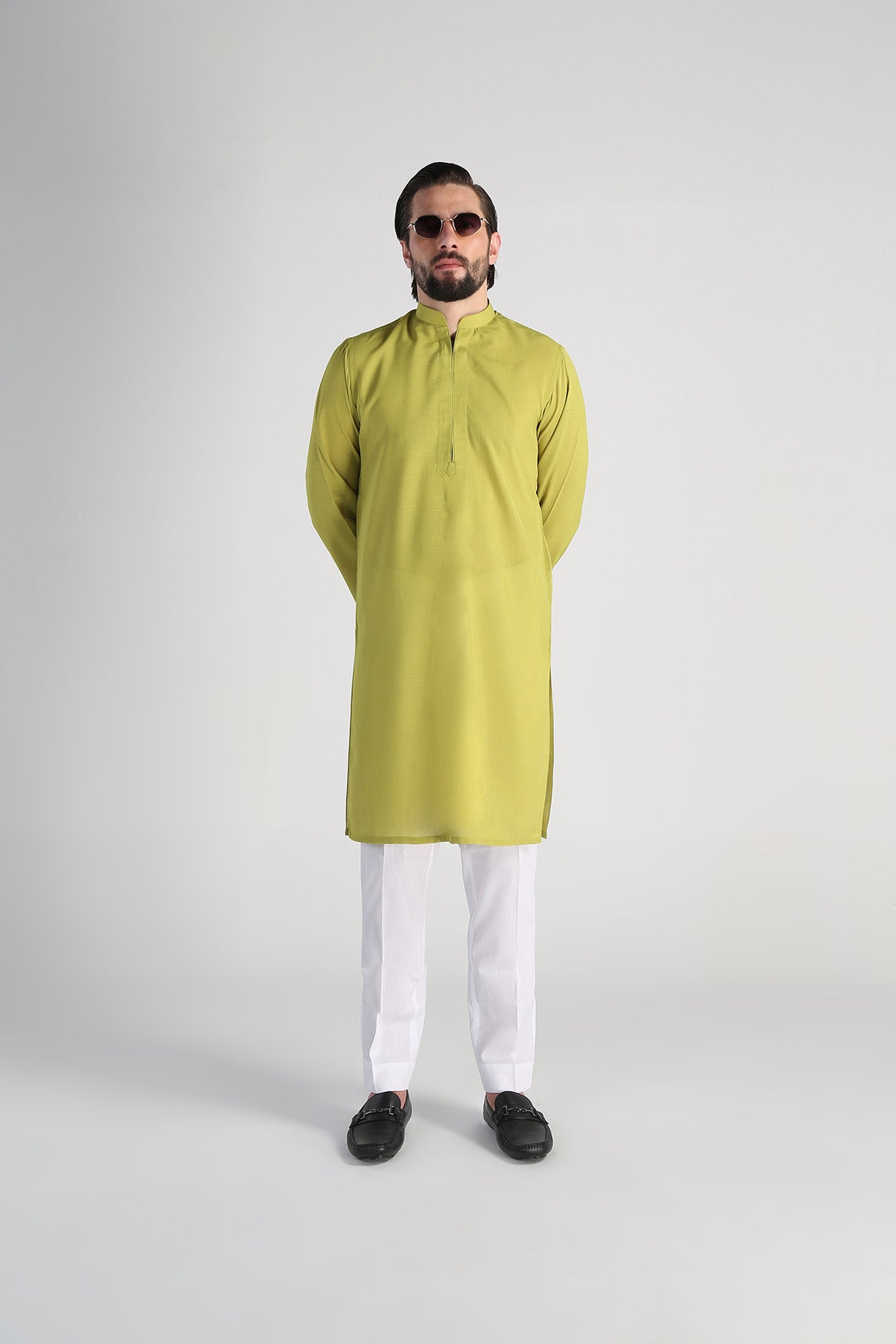Green Cotton Band Collar Kurta (2-Piece) - Image 1