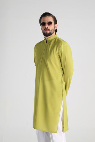 Green Cotton Band Collar Kurta (2-Piece) - Image 3