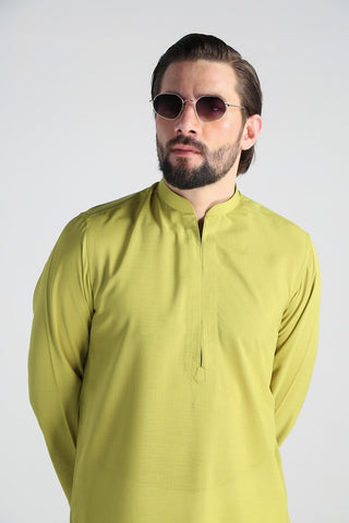 Green Cotton Band Collar Kurta (2-Piece) - Image 4