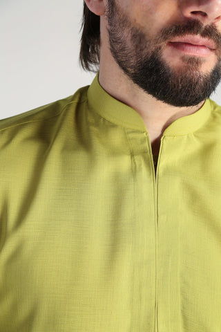Green Cotton Band Collar Kurta (2-Piece) - Image 5