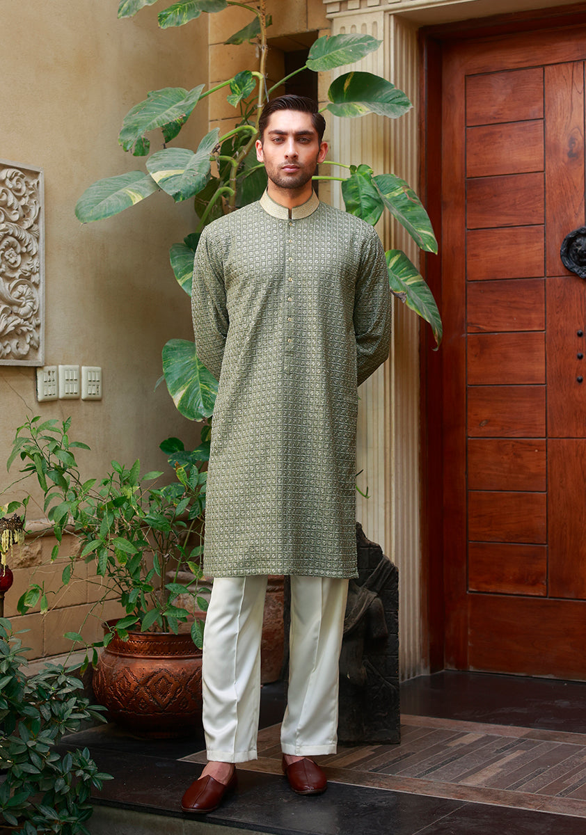 Olive Green Geometric Cotton Kurta Pajama (2-Piece) - Image 1