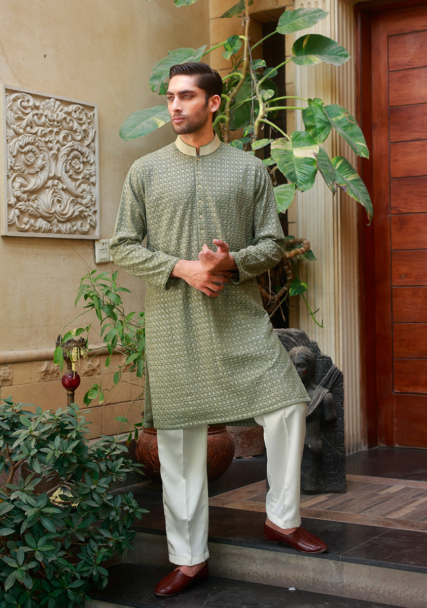 Olive Green Geometric Cotton Kurta Pajama (2-Piece) - Image 2