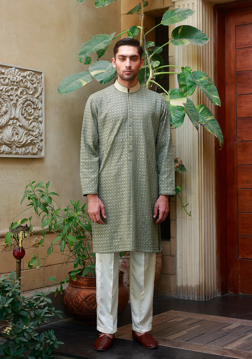 Olive Green Geometric Cotton Kurta Pajama (2-Piece) - Image 3