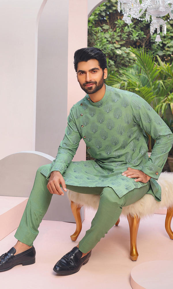 Sage Green Jacquard Kurta Pajama (2-Piece) - Image 3