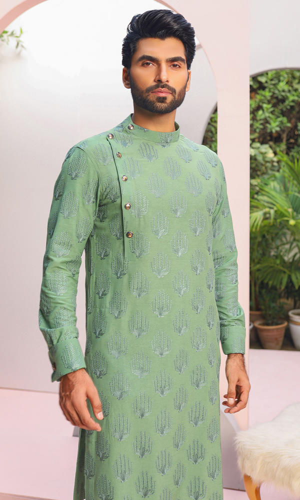 Sage Green Jacquard Kurta Pajama (2-Piece) - Image 4