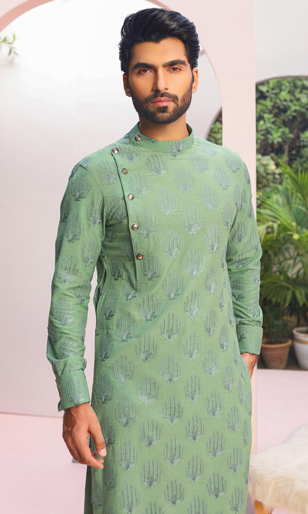 Sage Green Jacquard Kurta Pajama (2-Piece) - Image 5