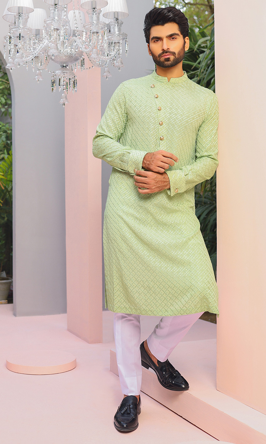 Pastel Green Jacquard Kurta with Asymmetric Placket (2-Piece) - Image 1