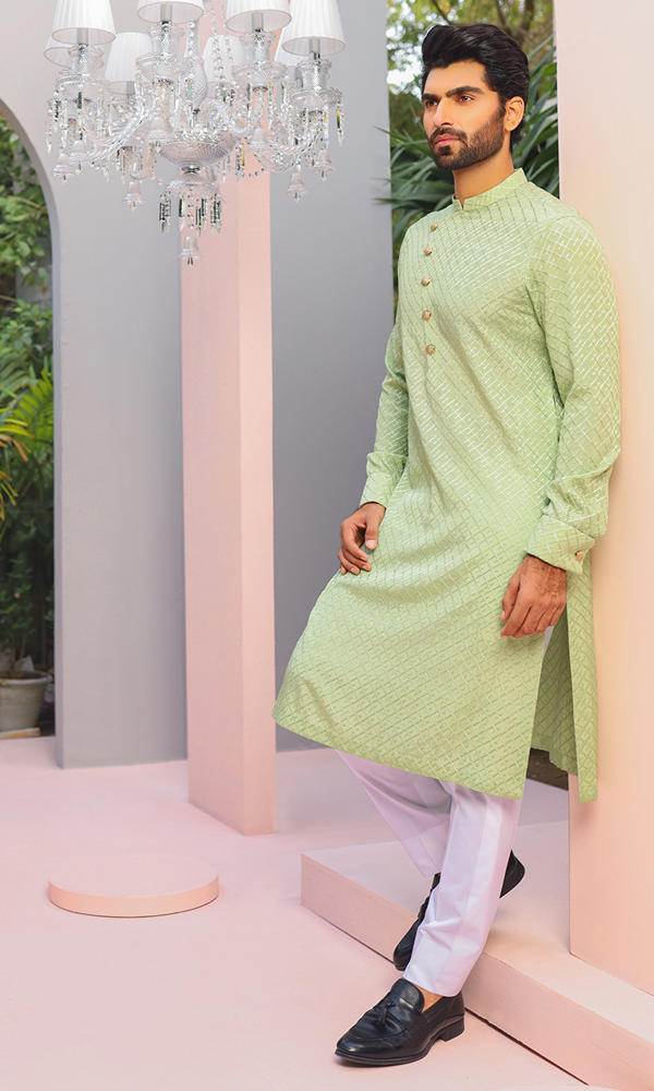 Pastel Green Jacquard Kurta with Asymmetric Placket (2-Piece) - Image 3