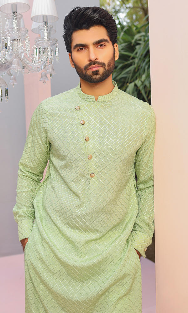 Pastel Green Jacquard Kurta with Asymmetric Placket (2-Piece) - Image 4