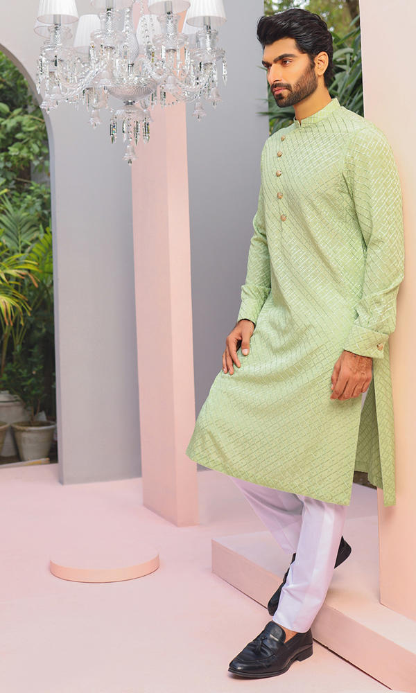 Pastel Green Jacquard Kurta with Asymmetric Placket (2-Piece) - Image 5