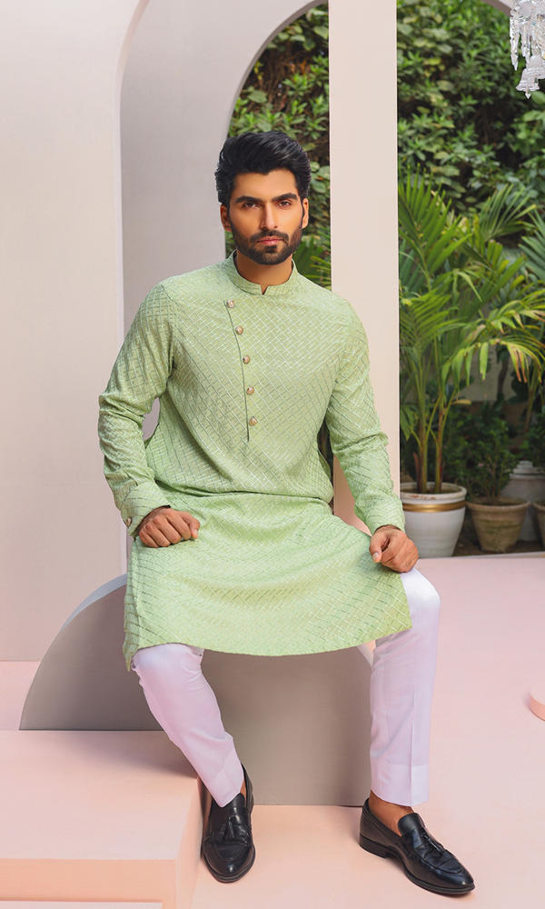 Pastel Green Jacquard Kurta with Asymmetric Placket (2-Piece) - Image 6