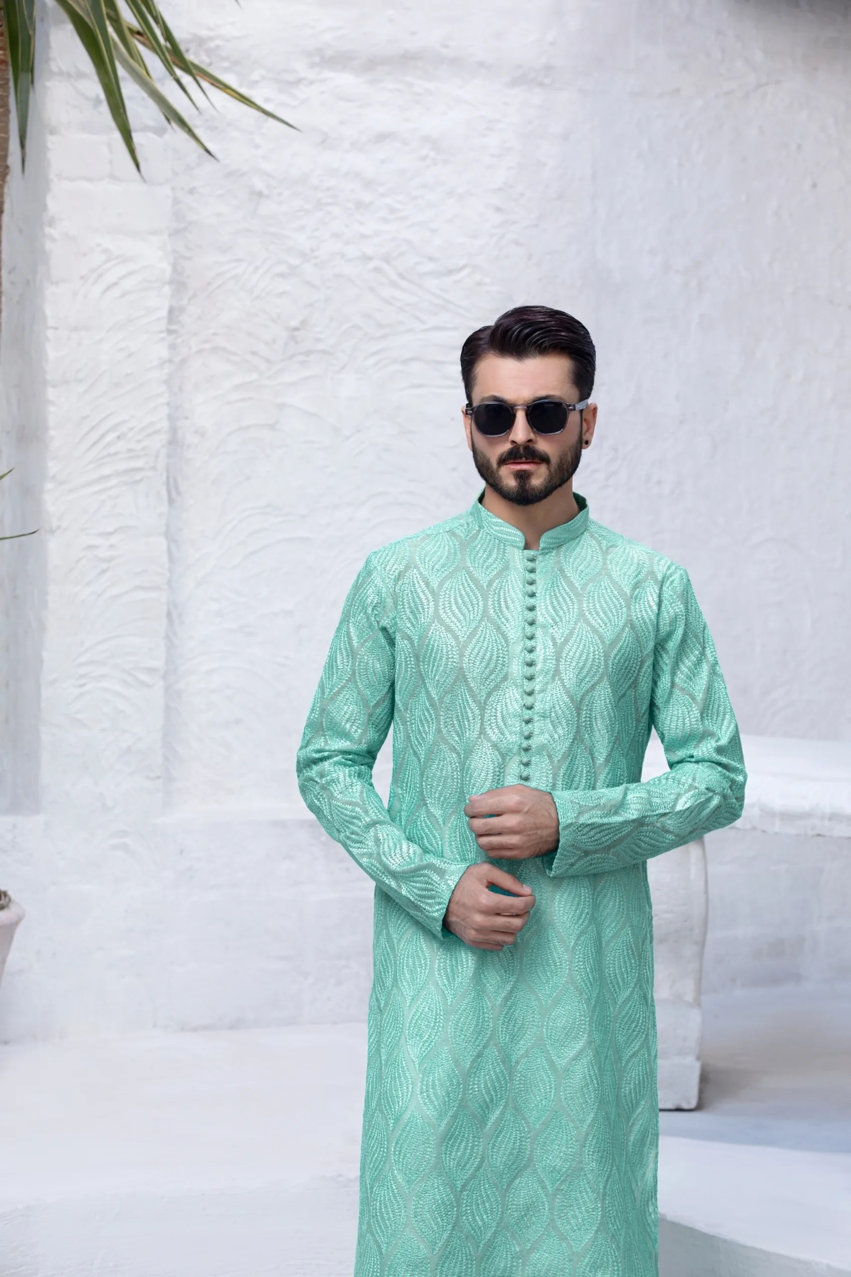 Mint Green Embroidered Jacquard Kurta (2-Piece) - Image 1