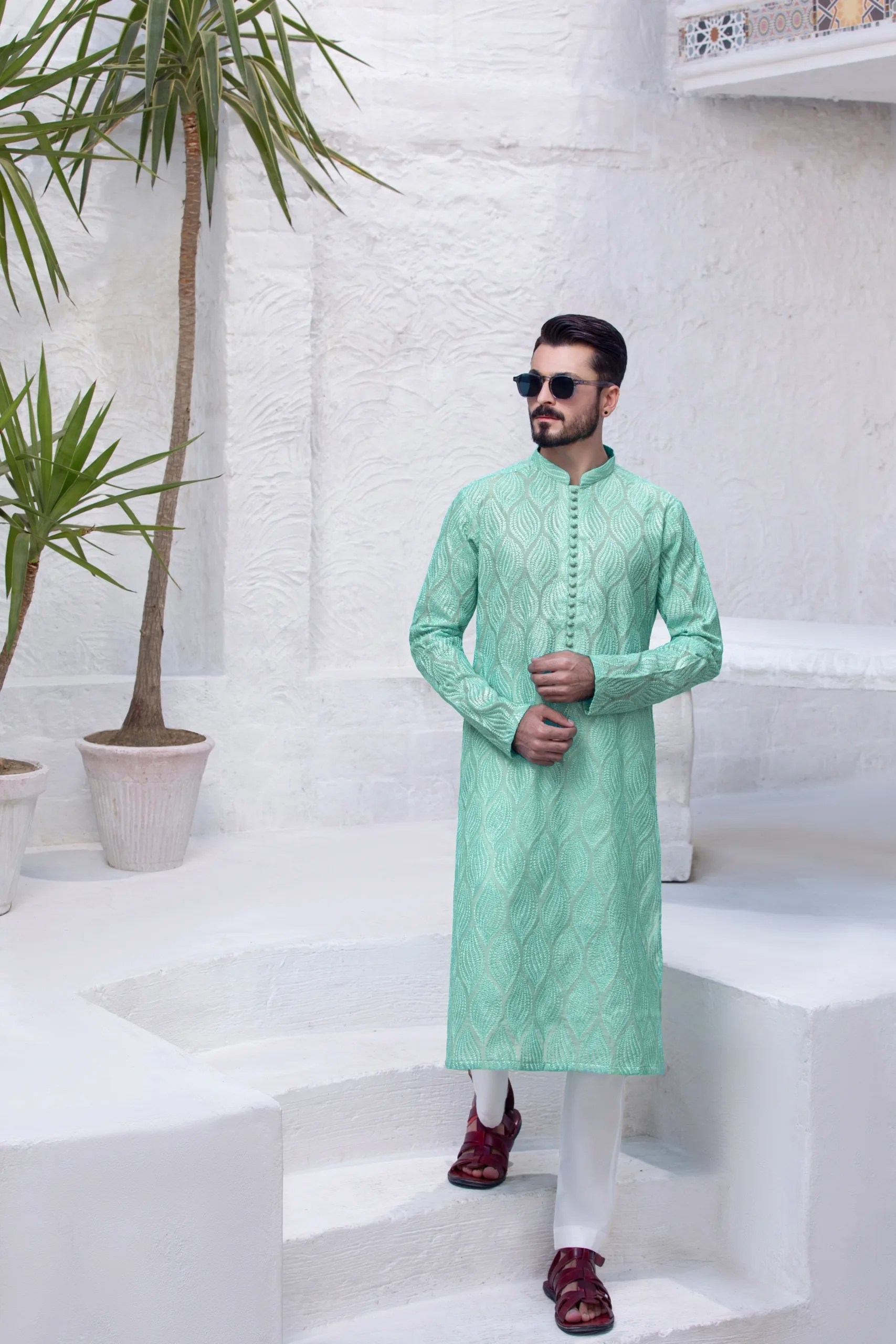 Mint Green Embroidered Jacquard Kurta (2-Piece) - Image 3