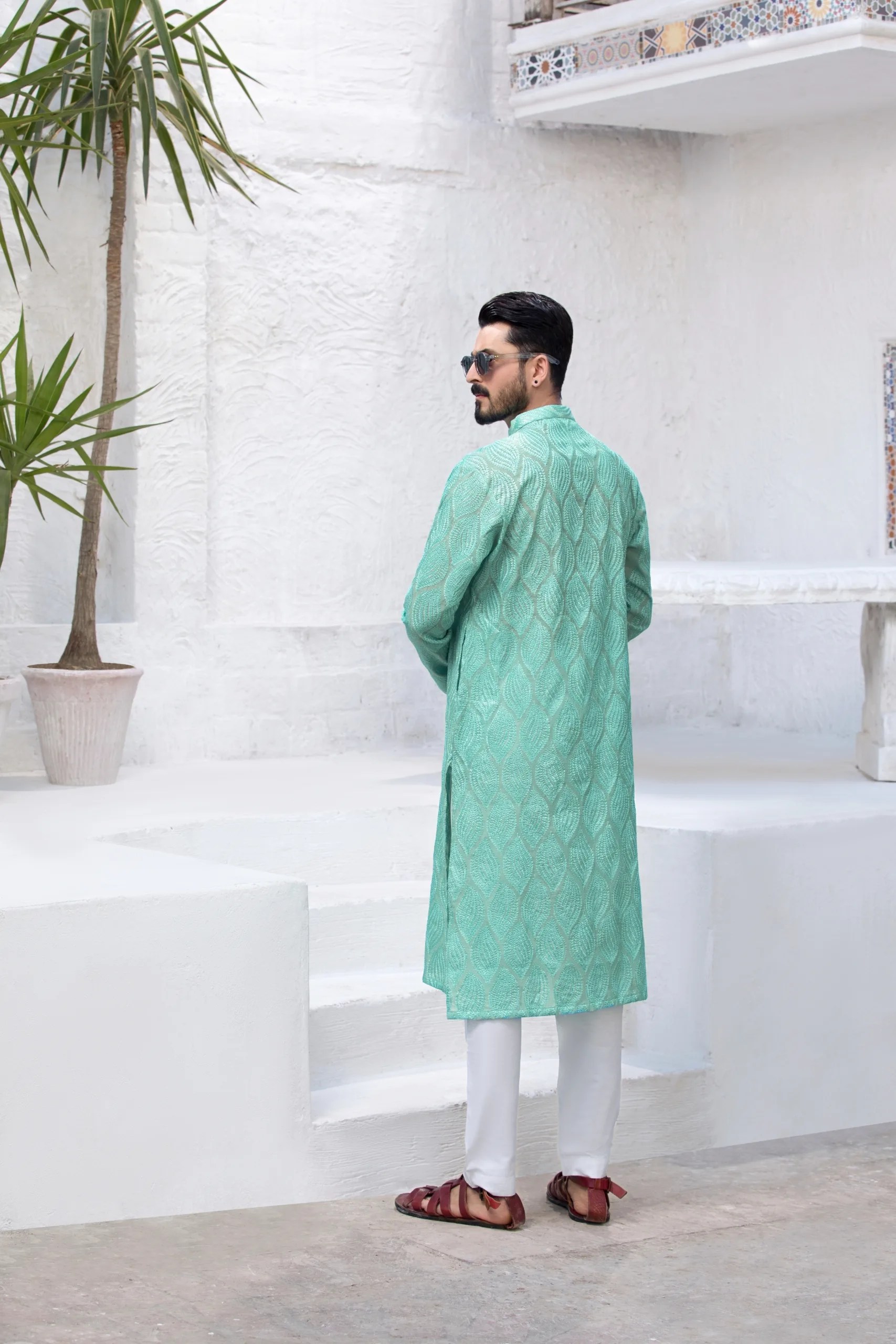 Mint Green Embroidered Jacquard Kurta (2-Piece) - Image 4